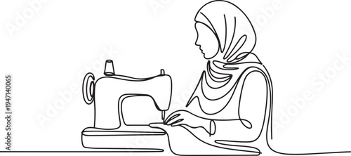continuous single drawn one line woman sews behind the sewing machine hand-drawn picture silhouette. Line art. Muslim woman. one line Icon drawing