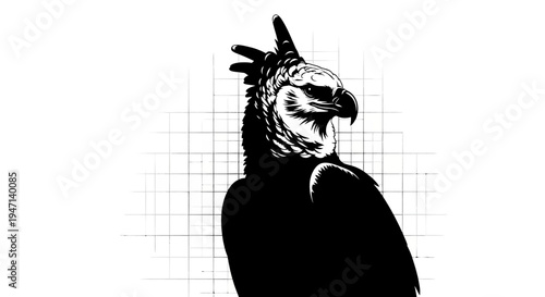 Detailed black and white illustration of an eagle with feathers and sharp beak on a grid background