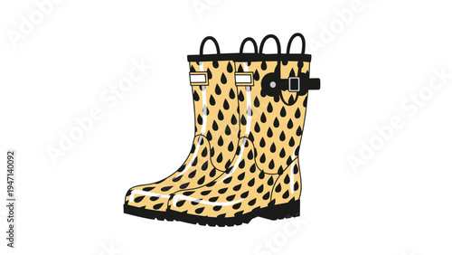 Pair of stylish leopard print rain boots with black buckles isolated on white background for footwear and fashion concepts.