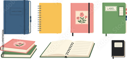 Notebook and Journal Collection with Spiral Notebooks Diaries and Study Books, School and Office Stationery Supplies Vector Illustration Set