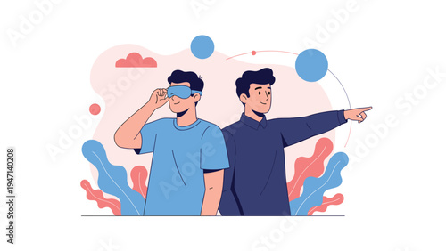 Two men exploring digital technology with one wearing virtual reality goggles while the other points towards something in the air.