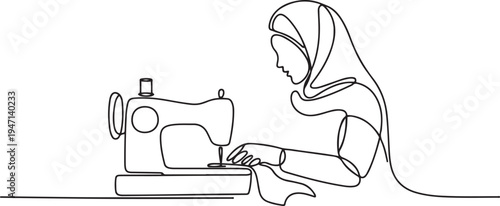 continuous single drawn one line woman sews behind the sewing machine hand-drawn picture silhouette. Line art. Muslim woman. one line Icon drawing