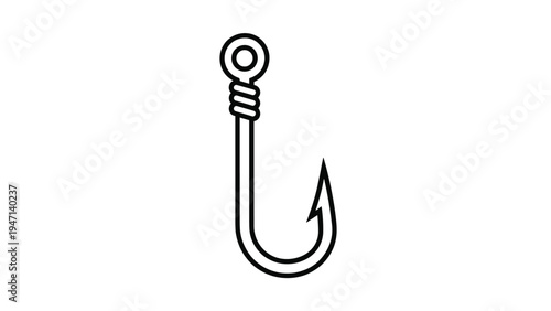 Simple black outline of a sharp fishing hook for angling and aquatic outdoor recreation concepts on white background.