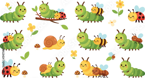 Set of kawaii garden insect vector illustrations featuring cute caterpillars ladybugs honeybees and snails with flowers for nursery decor and children's book themed design