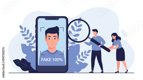 Researchers using a large magnifying glass to detect a fake profile or fraudulent account on a mobile phone for cybersecurity safety.