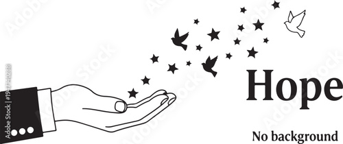 Illustrative concept of hope showing stars and birds flying out from a human hand