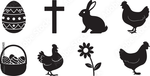 Easter-themed icons featuring eggs, a cross, a bunny, chickens, and a flower isolated on transparent background, isolated on white background, Vector