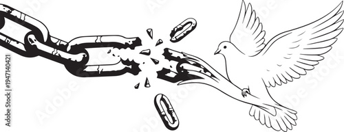 A white dove breaking free from heavy metal chains in a powerful symbol of freedom and peace