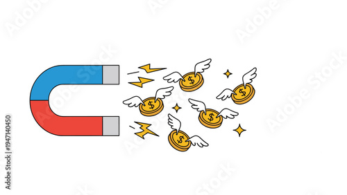 Horseshoe magnet attracting golden coins with wings illustrating wealth accumulation and financial magnetism concepts.