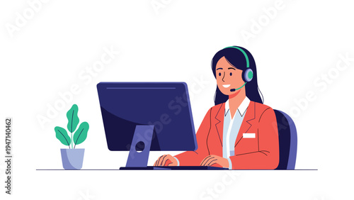 Friendly female customer service representative with a headset working at her computer to help clients with their inquiries and issues.