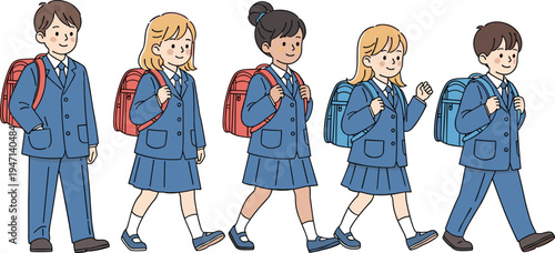 Group of School Students Walking with Backpacks in Uniform, Cute Children Characters Going to School Together, Education Lifestyle Cartoon Vector Illustration