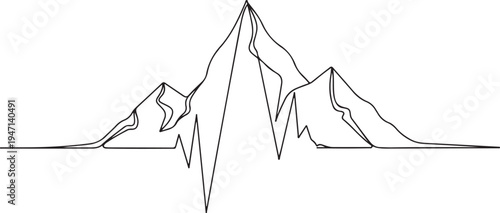 Minimalist continuous line drawing of mountain peaks and a heartbeat pulse line on white background.