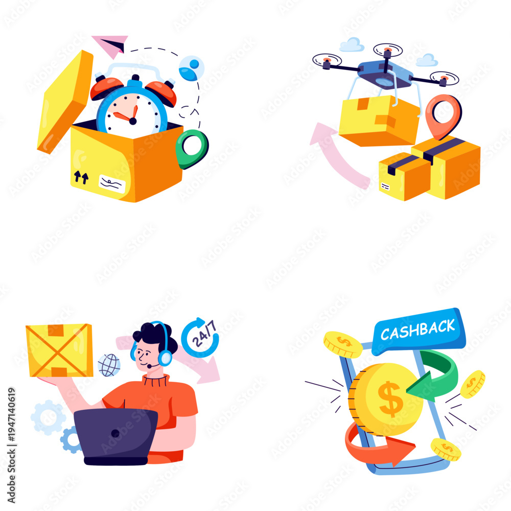 Fototapeta premium Set of Cargo and Shipment Flat Illustrations