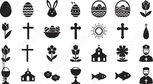 Collection of religious and easter icons and symbols isolated on transparent background, isolated on white background, Vector
