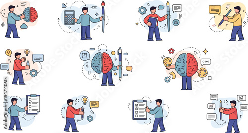 Set of brain and cognitive skill vector illustrations featuring human characters with calculators paintbrushes and checklists for education career coaching and personal development branding design