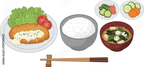 Japanese Meal Set with Rice, Katsu, Miso Soup, Pickled Vegetables, and Chopsticks for Asian Cuisine and Food Illustrations