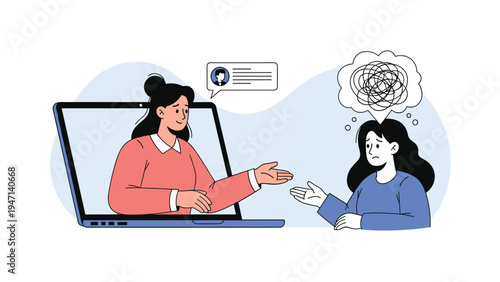 Online therapy session with a female psychologist helping a stressed patient through a video call on a laptop computer screen.