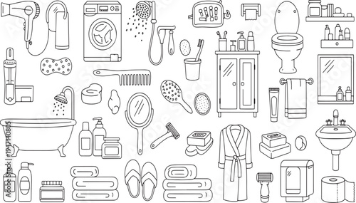 Large collection of bathroom interior accessories and personal hygiene products for daily morning routine hand drawn vector illustration doodle art