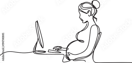 one line continuous painted pregnant business woman painted by hand silhouette picture. Line art. character woman on the robot pregnant at the computer. one line Icon drawing