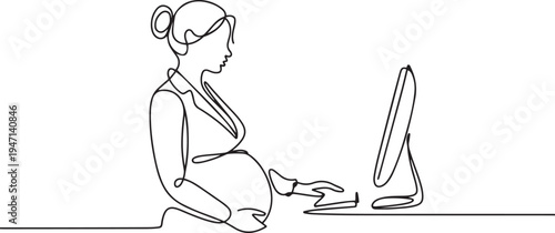 one line continuous painted pregnant business woman painted by hand silhouette picture. Line art. character woman on the robot pregnant at the computer. one line Icon drawing