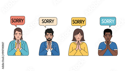 Group of diverse people with their hands pressed together in a prayer gesture and speech bubbles saying sorry for their mistakes.