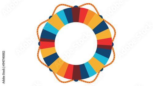 Colorful lifebuoy ring with multiple segments and safety rope for maritime rescue and summer vacation safety concepts.