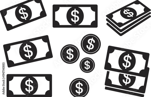 Black Silhouette US Dollar Bills and Coins with Dollar Sign Keywords: money, dollar, US dollar, currency, finance, cash