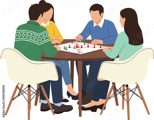 Friends Playing Board Game Together at Table, Social Gathering Activity with People Enjoying Strategy Game Night Indoors Vector Illustration