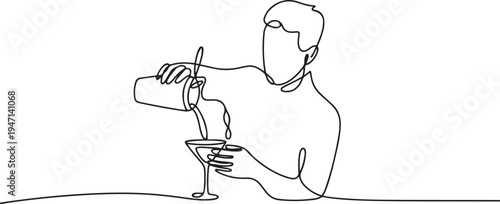 continuous single drawn one line bartender makes a cocktail hand-drawn picture silhouette. Line art. one line Icon drawing