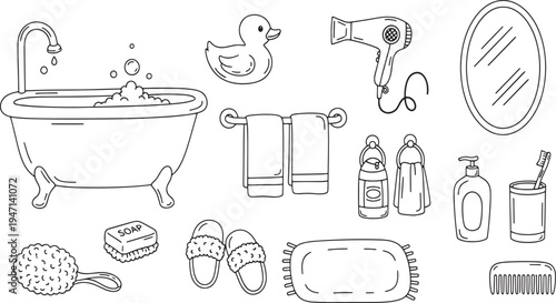Bathroom interior accessories with bathtub rubber duck soap towels and personal hygiene items for daily routine hand drawn vector illustration doodle art