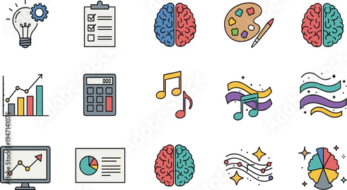 Set of human brain and productivity vector icons featuring logic creativity lightbulb gears checklist calculator and data charts for business education and creative branding design