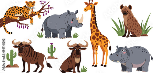 African Safari Animal Vector Set Featuring Leopard, Rhinoceros, Giraffe, Hyena, Hippopotamus, and Wildebeest with Nature Elements for Wildlife Illustration and Educational Designs