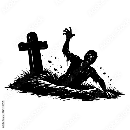 A silhouette of a person emerging from a grave with a cross in the background