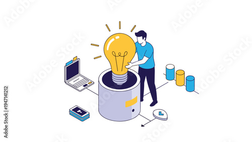 Innovative man putting a glowing light bulb into a container to symbolize generating new business ideas and data driven strategies.