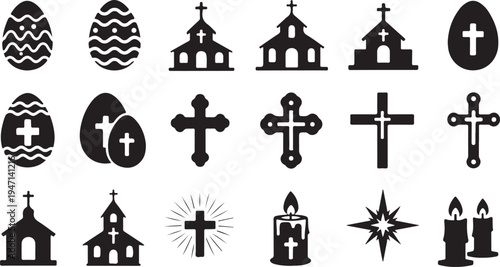 Religious and easter-themed icons featuring churches, crosses, and eggs isolated on transparent background, isolated on white background, Vector