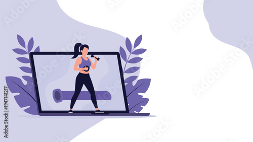 Fit woman performing a workout with dumbbells while following an online fitness class on a laptop screen for home exercise routine.