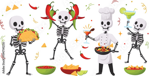 Day of the Dead Skeleton Fiesta Vector Character Set with Taco, Chili Peppers, Margarita, Nachos and Mexican Food Elements