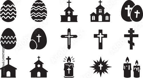 Collection of religious and easter icons in black and white isolated on transparent background, isolated on white background, Vector