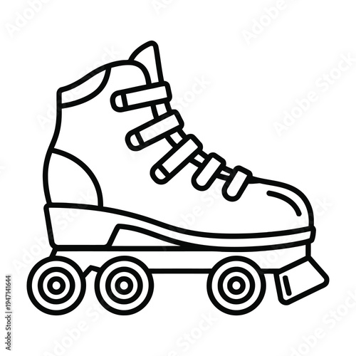 Single roller skate in bold outline style with laces and four wheels