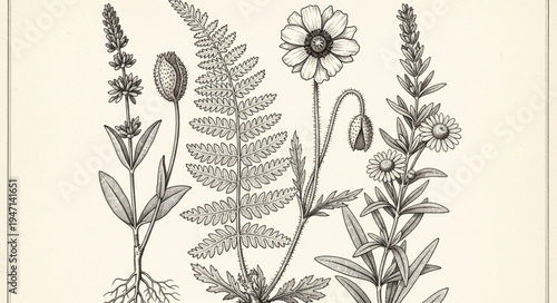 Vintage botanical illustration of various wildflowers and plants.