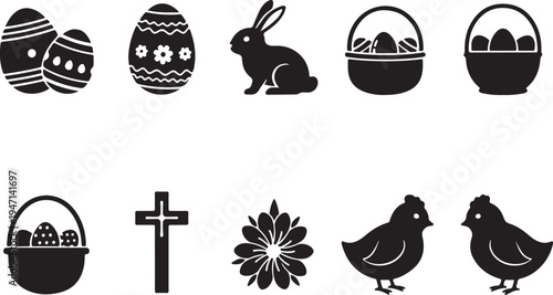 Easter-themed icons featuring eggs, baskets, a rabbit, and other symbols isolated on transparent background, isolated on white background, Vector