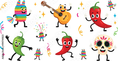 Cute Mexican Fiesta Cartoon Character Vector Set with Chili Peppers, Guitar, Pinata and Sugar Skull Celebration Elements