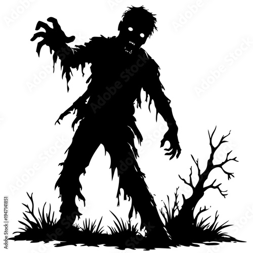 A black and white silhouette of a zombie standing in a field of grass with arms outstretched.