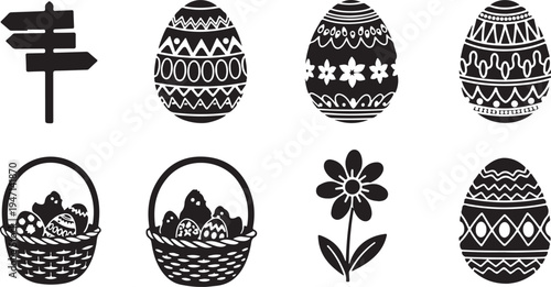 Intricate black and white illustrations of easter eggs and baskets isolated on transparent background, isolated on white background, Vector