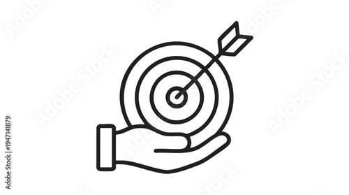 Hand holding target with bullseye and arrow in minimalist line art for business strategy