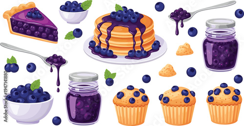 Blueberry Dessert Vector Illustration Set with Pancakes, Pie Slice, Muffins, Jam Jar and Fresh Blueberry Sweet Food Elements