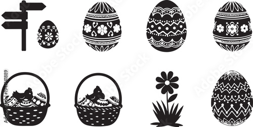 Traditional easter eggs and symbols in a basket with floral decorations isolated on transparent background, isolated on white background, Vector