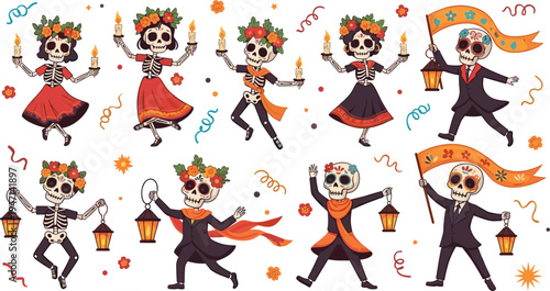 Day of the Dead Dancing Skeleton Vector Character Set with Catrina Costumes, Candles, Lanterns and Mexican Festival Elements
