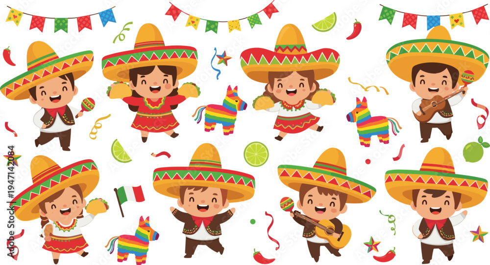 Obraz premium Cute Mexican Fiesta Cartoon Character Vector Set with Sombrero Kids, Tacos, Guitar, Pinata and Traditional Celebration Elements