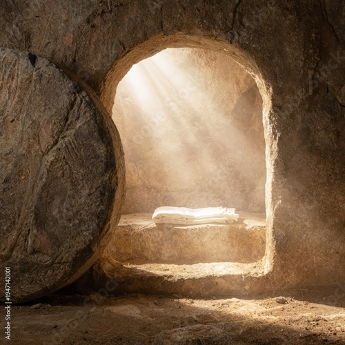 An empty tomb carved from stone is illuminated by rays of light filtering through the entrance, with a burial shroud lying on a ledge inside